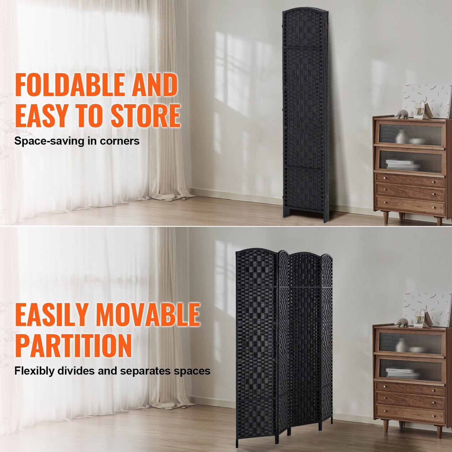 4 Panel Room Divider Handvävd Vikbar Sekretessskärm med gångjärn Svart