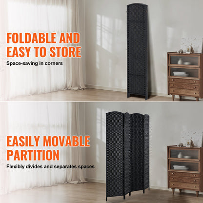 4 Panel Room Divider Handvävd Vikbar Sekretessskärm med gångjärn Svart