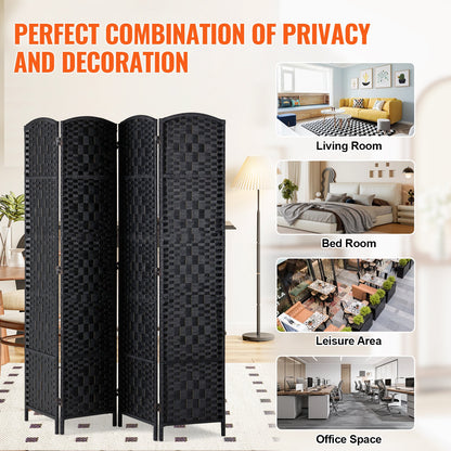 4 Panel Room Divider Handvävd Vikbar Sekretessskärm med gångjärn Svart