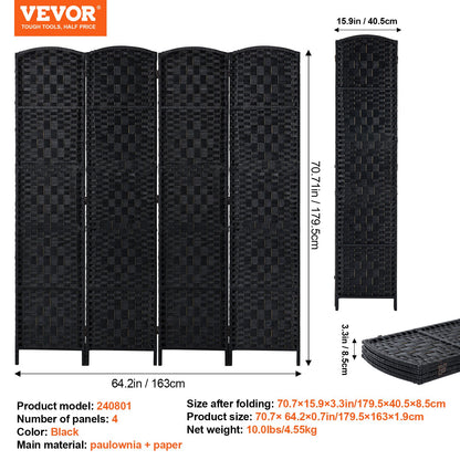 4 Panel Room Divider Handvävd Vikbar Sekretessskärm med gångjärn Svart