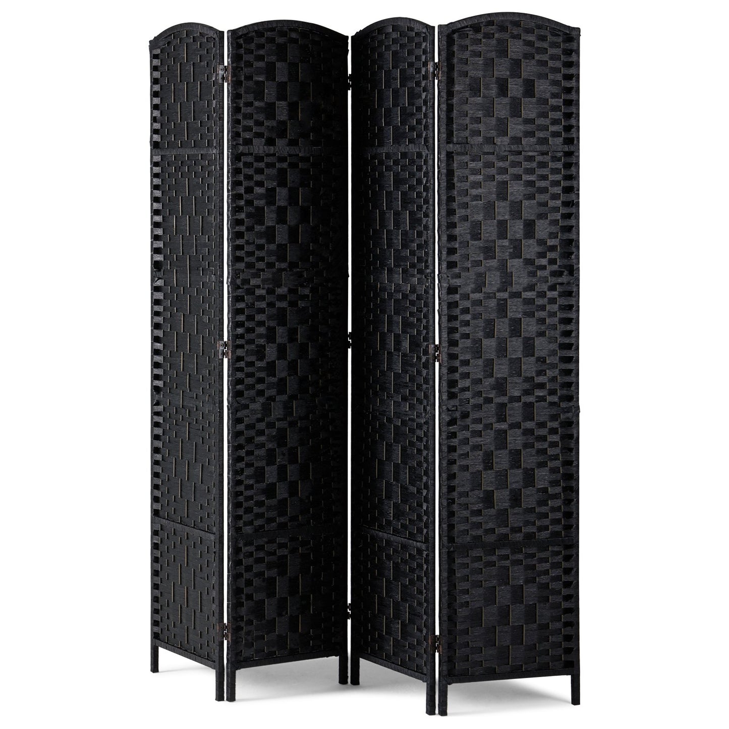 4 Panel Room Divider Handvävd Vikbar Sekretessskärm med gångjärn Svart