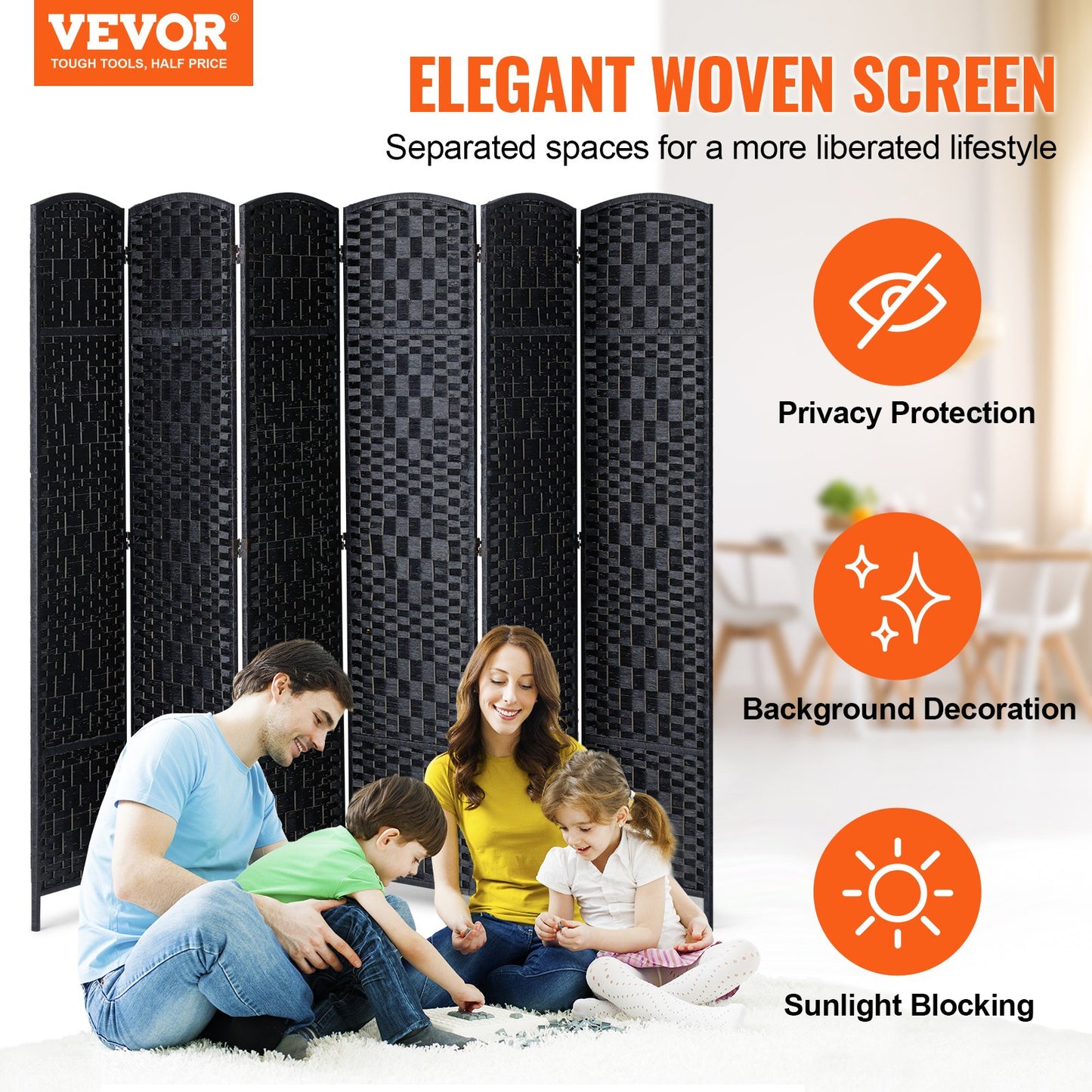 6 Panel Rumsavdelare Handvävd Vikbar Sekretessskärm med gångjärn Svart