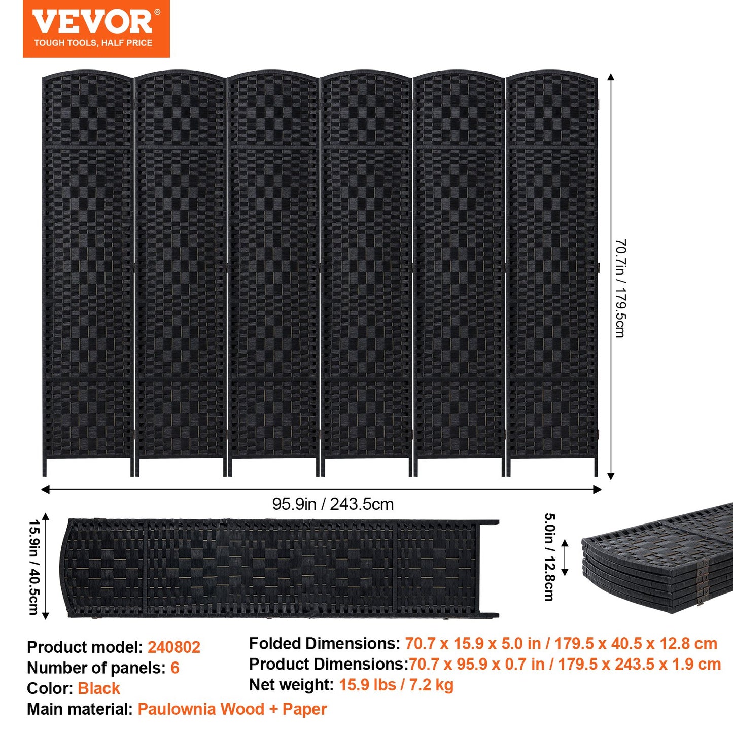 6 Panel Rumsavdelare Handvävd Vikbar Sekretessskärm med gångjärn Svart