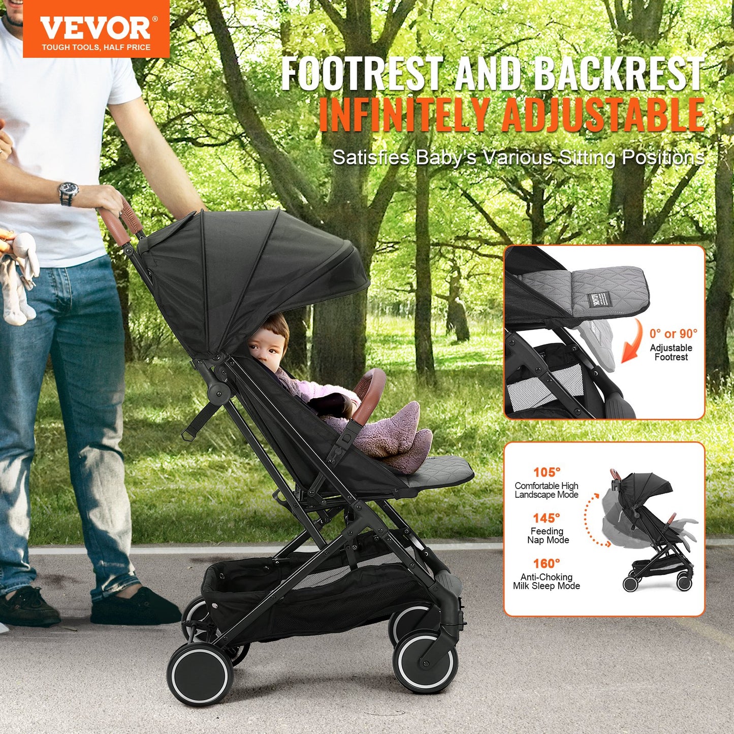 Standard-Kinderwagen, Kleinkinder-Kinderwagen mit 95°-175° verstellbarer Rückenlehne &amp; 0/90° verstellbarer Fußstütze &amp; Ein-Klick-Faltfunktion, Neugeborenen-Kinderwagen mit Getränkehalter und Tragetasche, Schwarz