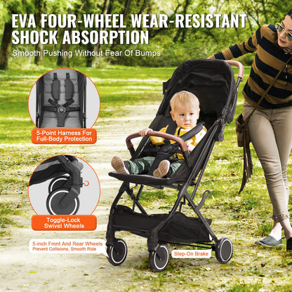 Standard-Kinderwagen, Kleinkinder-Kinderwagen mit 95°-175° verstellbarer Rückenlehne &amp; 0/90° verstellbarer Fußstütze &amp; Ein-Klick-Faltfunktion, Neugeborenen-Kinderwagen mit Getränkehalter und Tragetasche, Schwarz