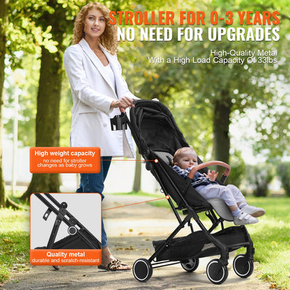 Standard-Kinderwagen, Kleinkinder-Kinderwagen mit 95°-175° verstellbarer Rückenlehne &amp; 0/90° verstellbarer Fußstütze &amp; Ein-Klick-Faltfunktion, Neugeborenen-Kinderwagen mit Getränkehalter und Tragetasche, Schwarz