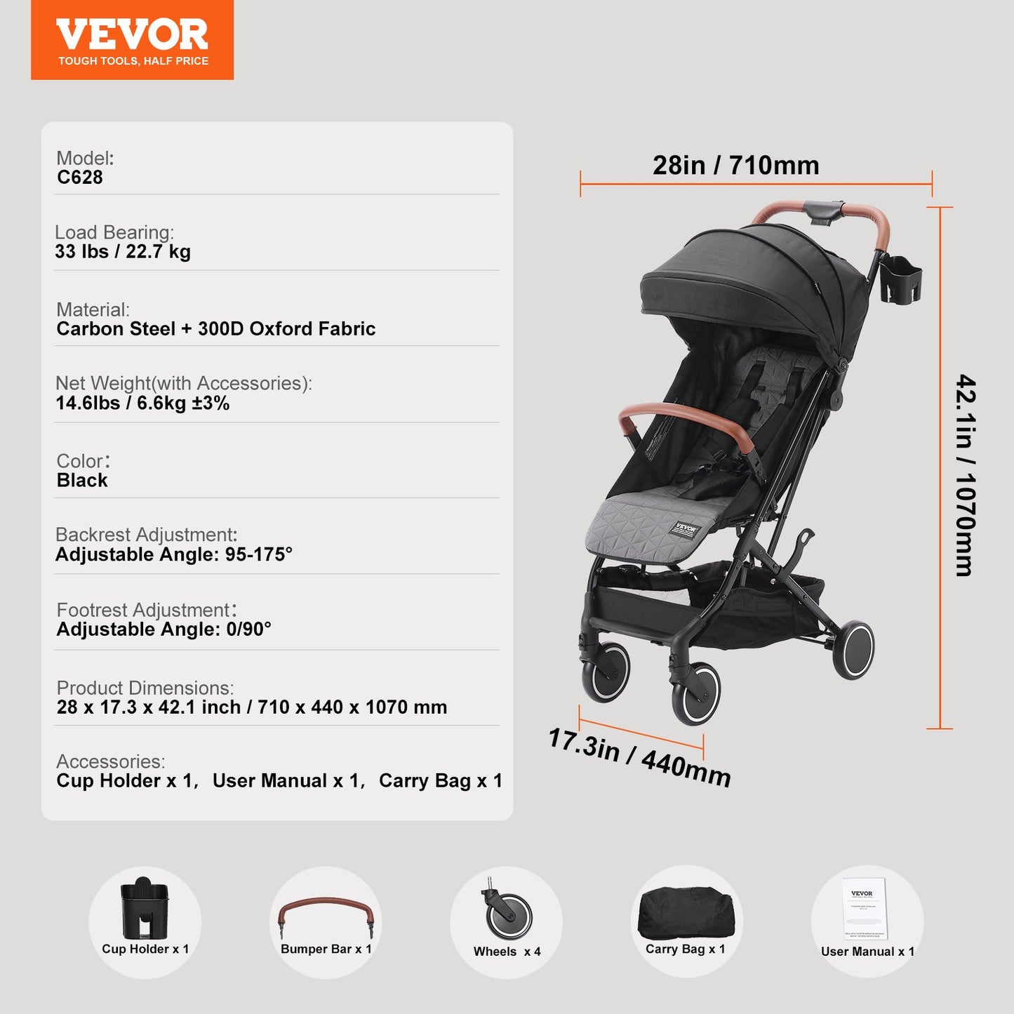 Standard-Kinderwagen, Kleinkinder-Kinderwagen mit 95°-175° verstellbarer Rückenlehne &amp; 0/90° verstellbarer Fußstütze &amp; Ein-Klick-Faltfunktion, Neugeborenen-Kinderwagen mit Getränkehalter und Tragetasche, Schwarz