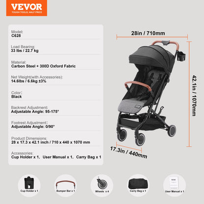 Standard-Kinderwagen, Kleinkinder-Kinderwagen mit 95°-175° verstellbarer Rückenlehne &amp; 0/90° verstellbarer Fußstütze &amp; Ein-Klick-Faltfunktion, Neugeborenen-Kinderwagen mit Getränkehalter und Tragetasche, Schwarz