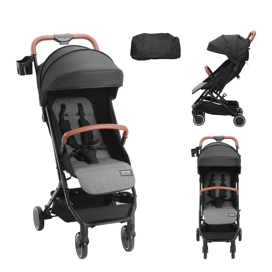 Standard Spädbarnsvagn, Småbarnsvagn med 95°-175° Justerbart ryggstöd & & 0/90° Justerbart Fotstöd & One-Click Folding, Newborn Barnvagn med Mugghållare och Bärväska, Svart