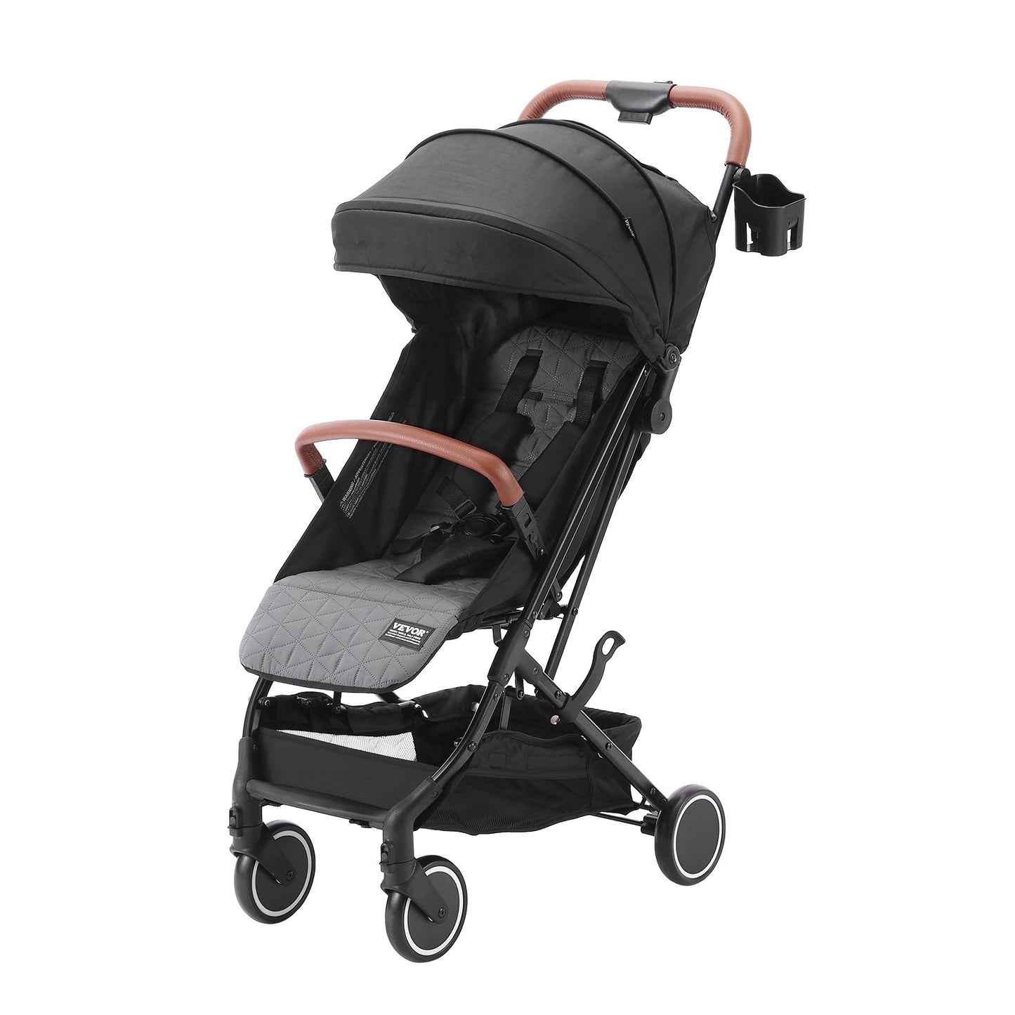 Standard-Kinderwagen, Kleinkinder-Kinderwagen mit 95°-175° verstellbarer Rückenlehne &amp; 0/90° verstellbarer Fußstütze &amp; Ein-Klick-Faltfunktion, Neugeborenen-Kinderwagen mit Getränkehalter und Tragetasche, Schwarz