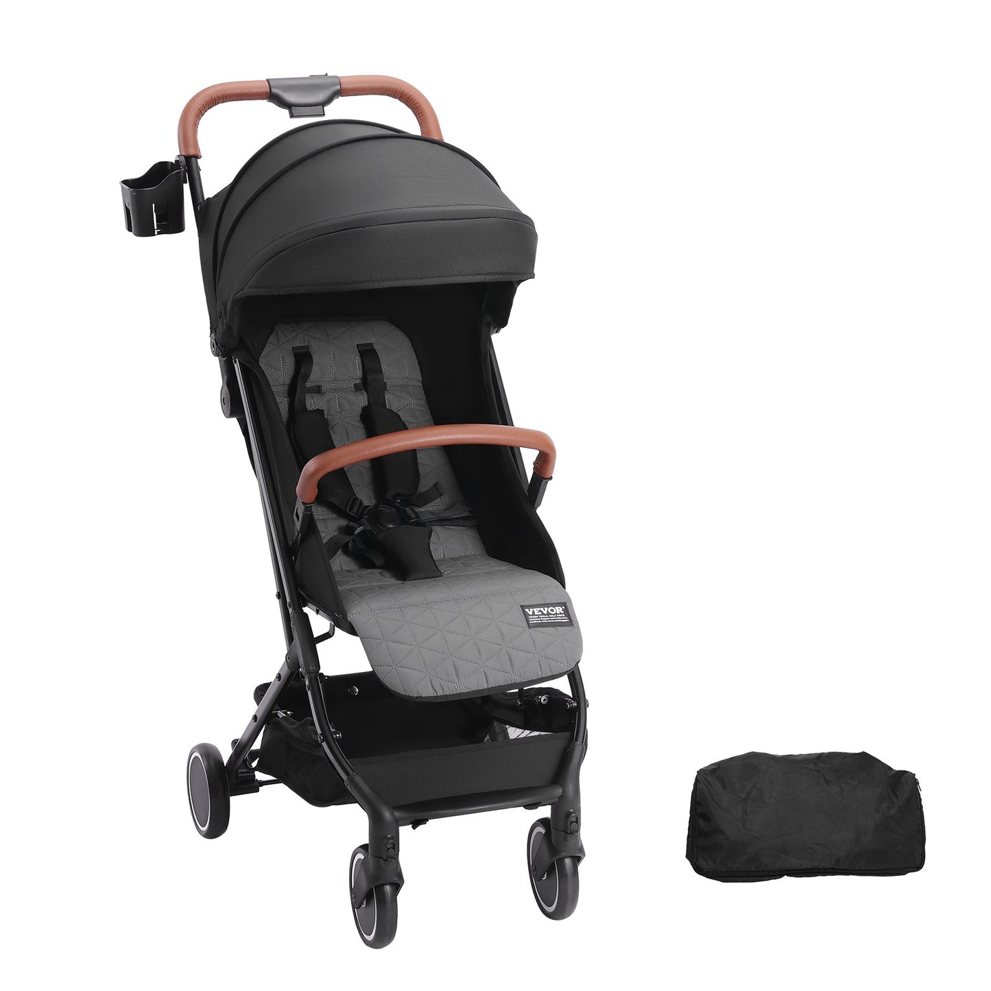 Standard-Kinderwagen, Kleinkinder-Kinderwagen mit 95°-175° verstellbarer Rückenlehne &amp; 0/90° verstellbarer Fußstütze &amp; Ein-Klick-Faltfunktion, Neugeborenen-Kinderwagen mit Getränkehalter und Tragetasche, Schwarz