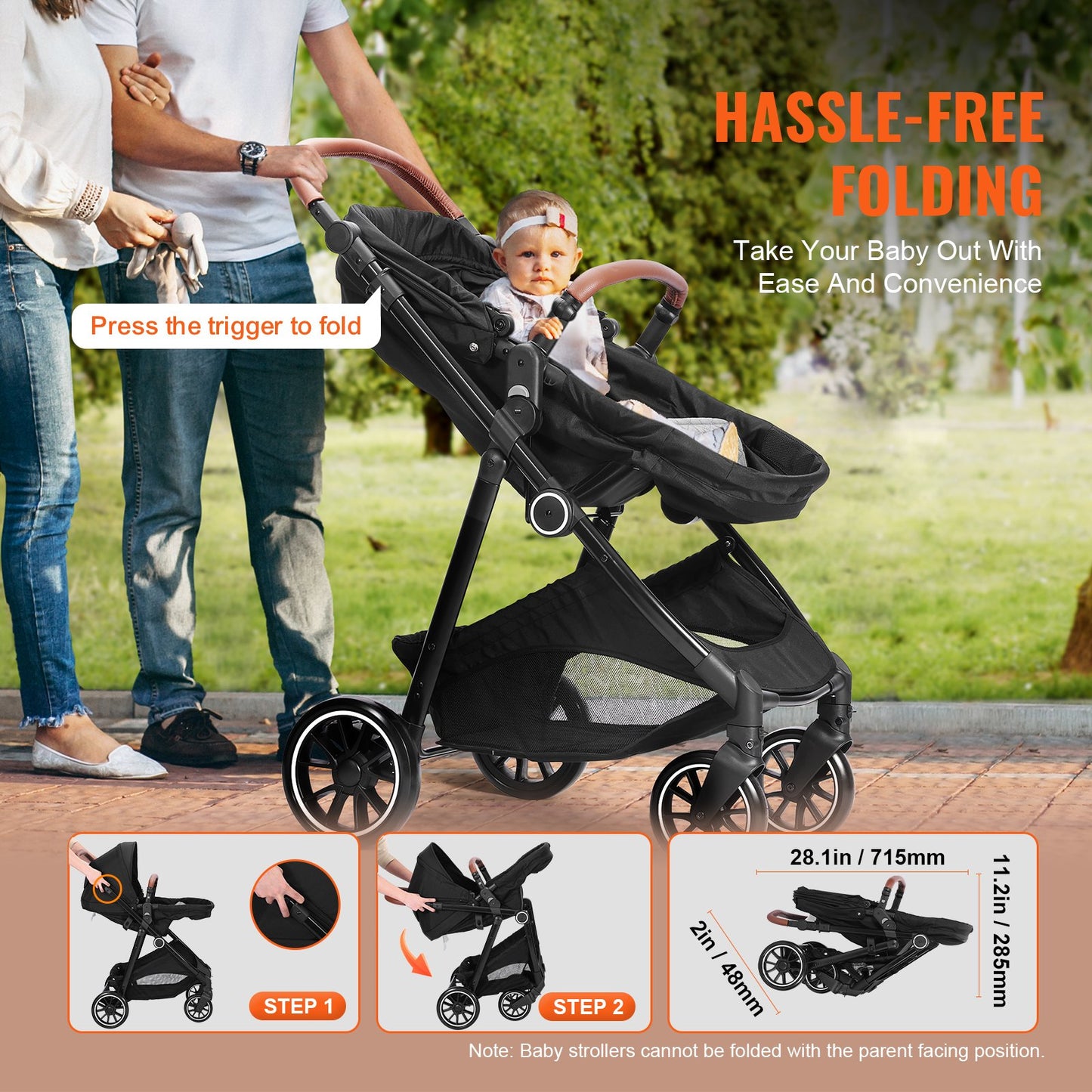 Standard-Kinderwagen, Kleinkinder-Kinderwagen mit Babywanne, verstellbarer Rückenlehne für den 3. Gang und klappbarem und umkehrbarem Sitz, Kinderwagen für Neugeborene aus Karbonstahl mit Beinschutz und Netz, Schwarz