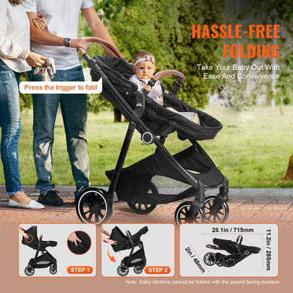 Standard-Kinderwagen, Kleinkinder-Kinderwagen mit Babywanne, verstellbarer Rückenlehne für den 3. Gang und klappbarem und umkehrbarem Sitz, Kinderwagen für Neugeborene aus Karbonstahl mit Beinschutz und Netz, Schwarz