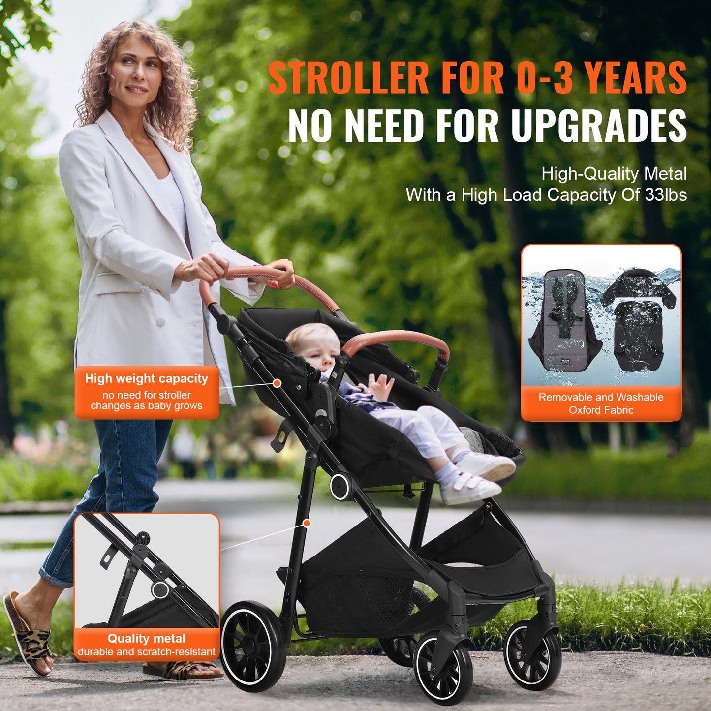 Standard-Kinderwagen, Kleinkinder-Kinderwagen mit Babywanne, verstellbarer Rückenlehne für den 3. Gang und klappbarem und umkehrbarem Sitz, Kinderwagen für Neugeborene aus Karbonstahl mit Beinschutz und Netz, Schwarz