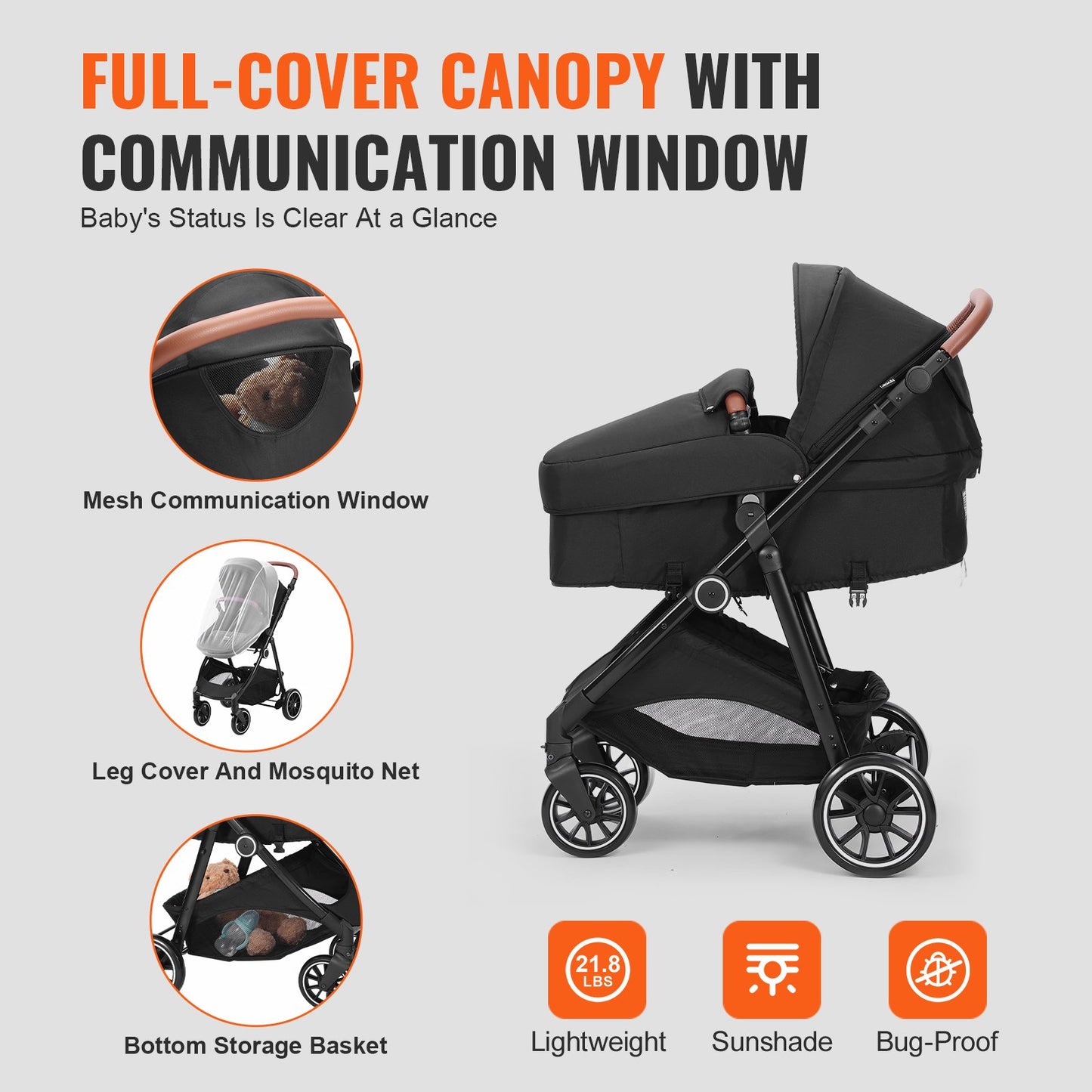 Standard-Kinderwagen, Kleinkinder-Kinderwagen mit Babywanne, verstellbarer Rückenlehne für den 3. Gang und klappbarem und umkehrbarem Sitz, Kinderwagen für Neugeborene aus Karbonstahl mit Beinschutz und Netz, Schwarz