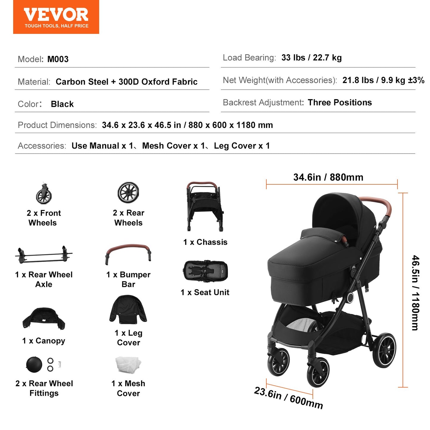 Standard-Kinderwagen, Kleinkinder-Kinderwagen mit Babywanne, verstellbarer Rückenlehne für den 3. Gang und klappbarem und umkehrbarem Sitz, Kinderwagen für Neugeborene aus Karbonstahl mit Beinschutz und Netz, Schwarz