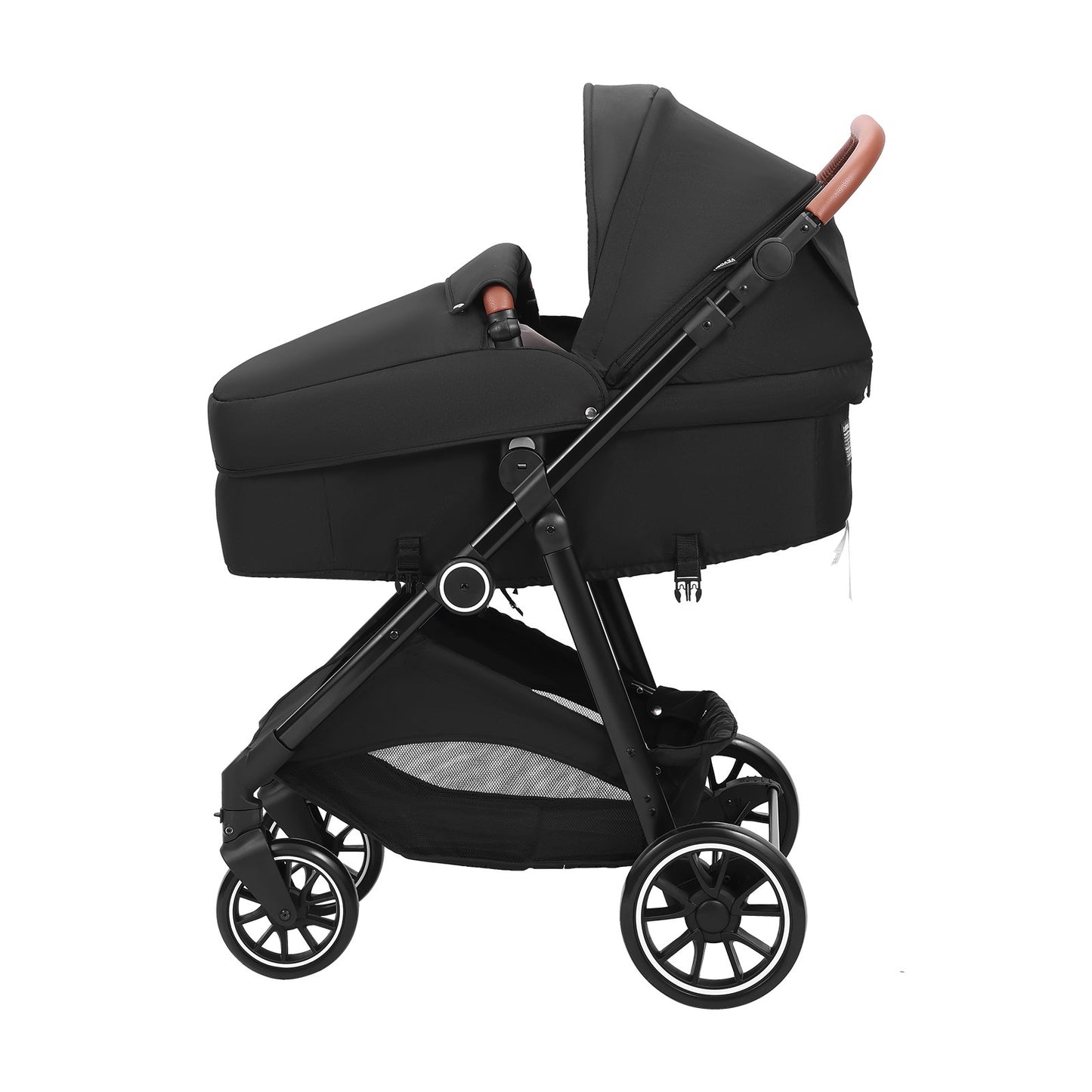 Standard-Kinderwagen, Kleinkinder-Kinderwagen mit Babywanne, verstellbarer Rückenlehne für den 3. Gang und klappbarem und umkehrbarem Sitz, Kinderwagen für Neugeborene aus Karbonstahl mit Beinschutz und Netz, Schwarz