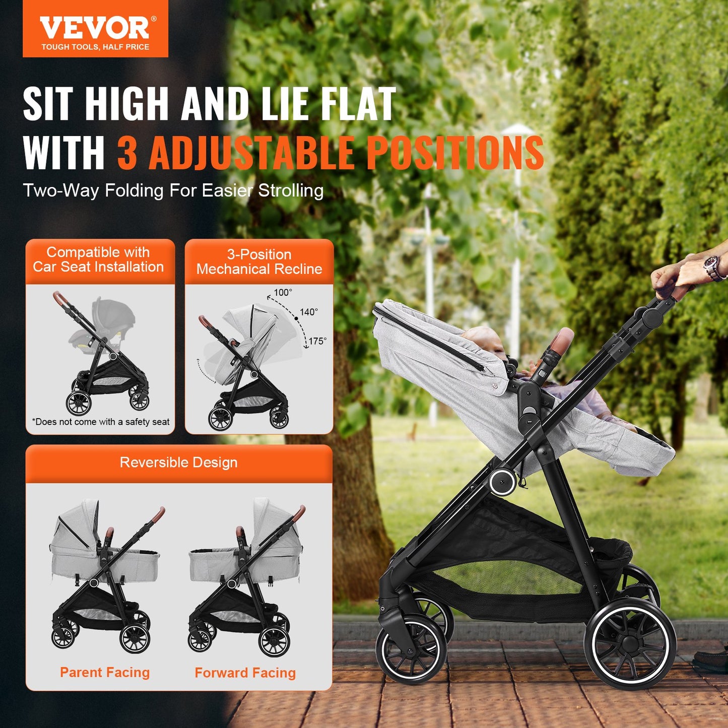 Standard Babyvagn, Barnvagn för småbarn med Bassinet, 3:e växelns justerbara ryggstöd & hopfällbar och vändbar sits, Carbon Steel Newborn Barnvagn med Benskydd och Mesh-nät, Ljusgrå