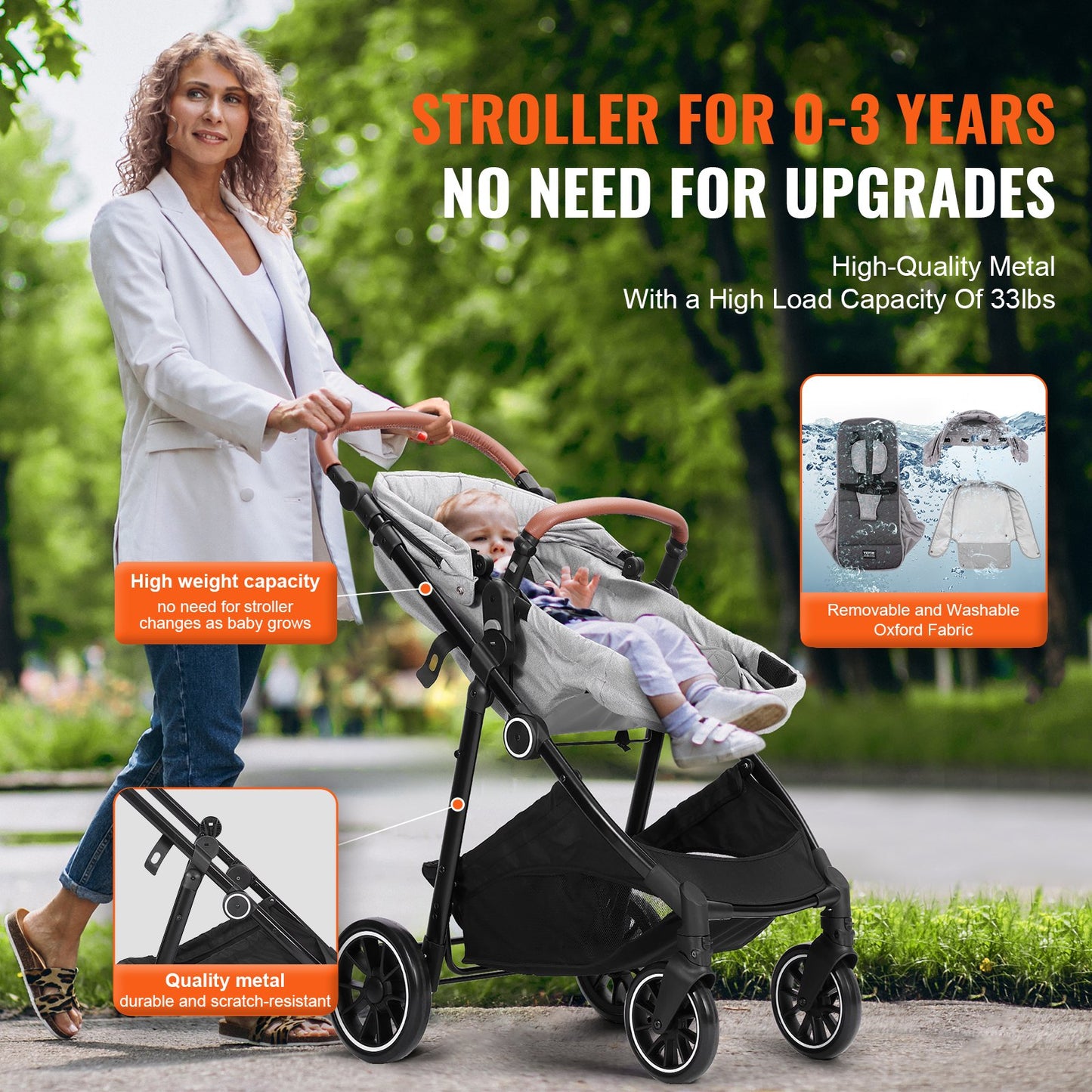 Standard Babyvagn, Barnvagn för småbarn med Bassinet, 3:e växelns justerbara ryggstöd & hopfällbar och vändbar sits, Carbon Steel Newborn Barnvagn med Benskydd och Mesh-nät, Ljusgrå