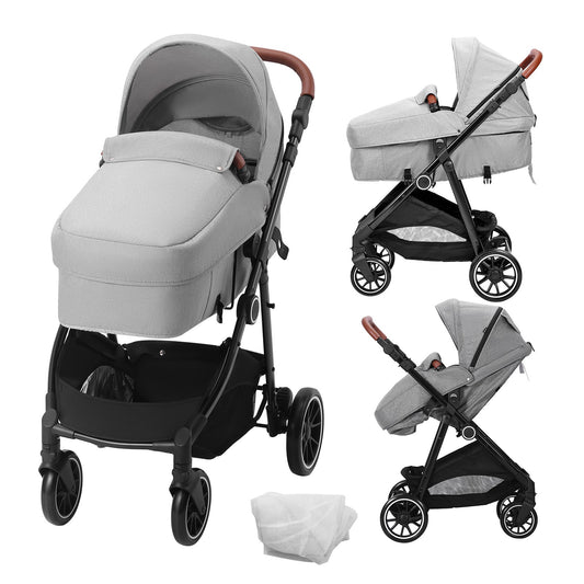 Standard-Kinderwagen, Kleinkinder-Kinderwagen mit Babywanne, verstellbarer Rückenlehne für den 3. Gang und klappbarem und umkehrbarem Sitz, Kinderwagen aus Karbonstahl für Neugeborene mit Beinschutz und Netz, Hellgrau