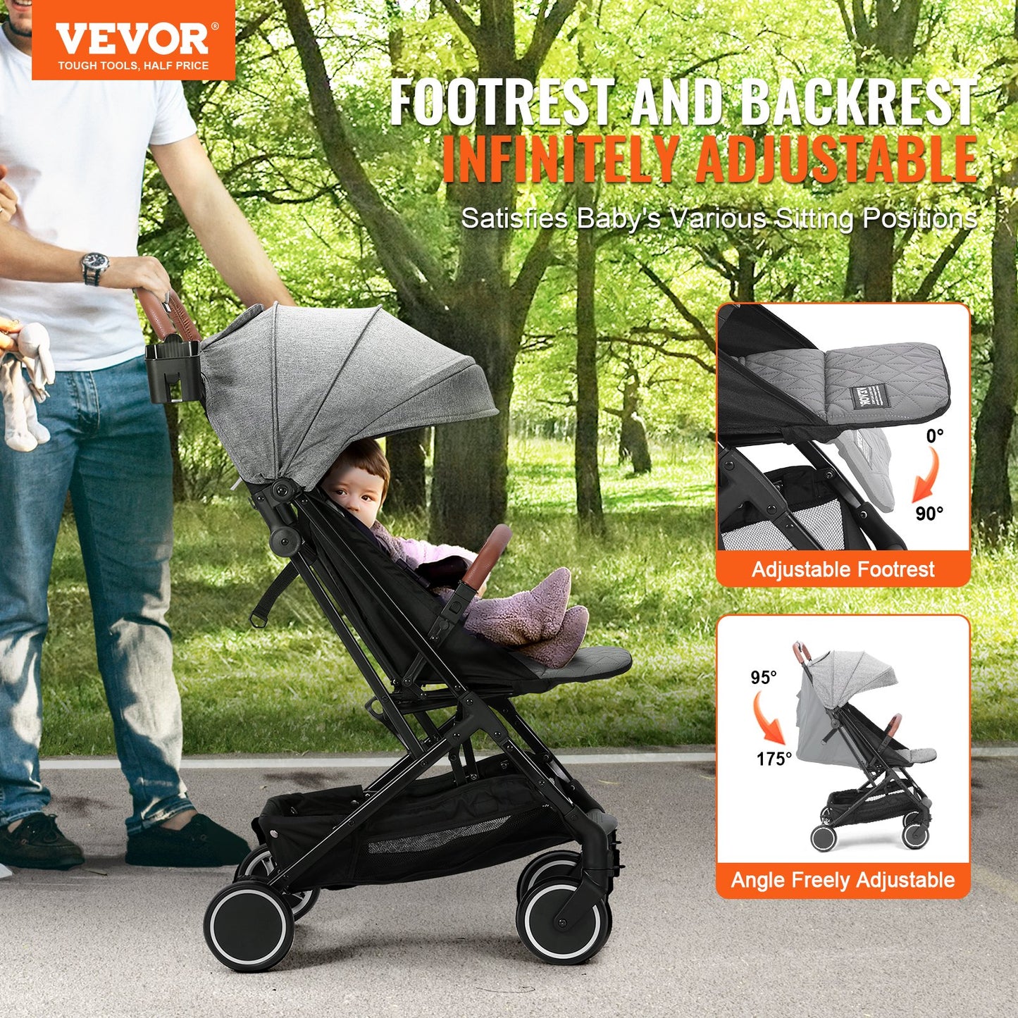 Standard Spädbarnsvagn, Småbarnsvagn med 95°-175° Justerbart ryggstöd & & 0/90° Justerbart Fotstöd & One-Click Folding, Newborn Barnvagn med Mugghållare och Bärväska, Mörkgrå