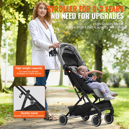 Standard Spädbarnsvagn, Småbarnsvagn med 95°-175° Justerbart ryggstöd & & 0/90° Justerbart Fotstöd & One-Click Folding, Newborn Barnvagn med Mugghållare och Bärväska, Mörkgrå