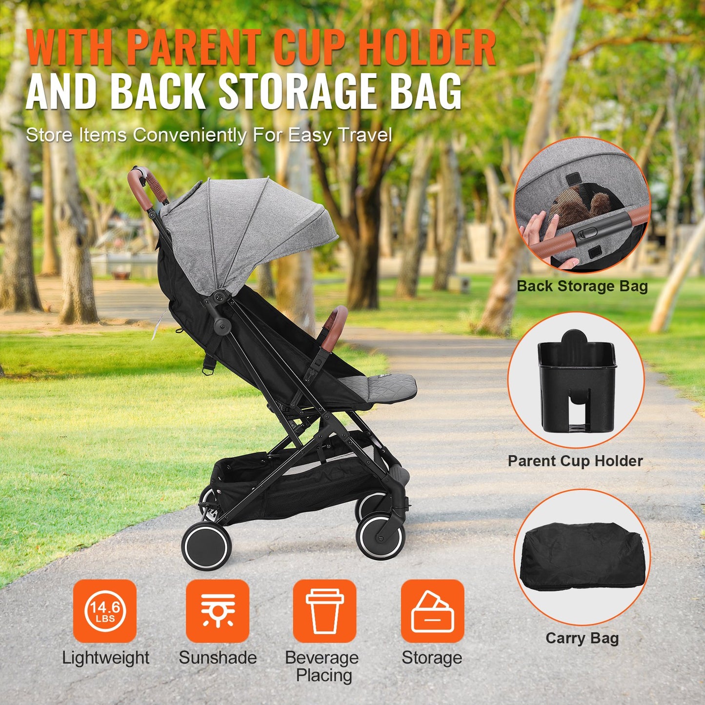 Standard Spädbarnsvagn, Småbarnsvagn med 95°-175° Justerbart ryggstöd & & 0/90° Justerbart Fotstöd & One-Click Folding, Newborn Barnvagn med Mugghållare och Bärväska, Mörkgrå