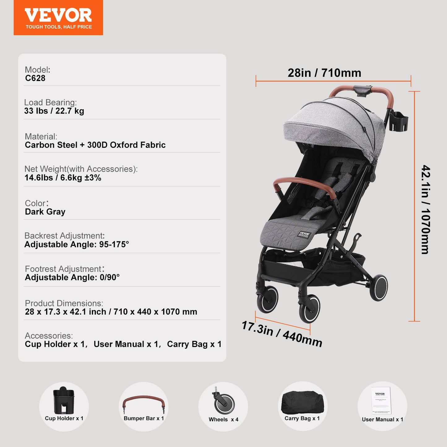 Standard Spädbarnsvagn, Småbarnsvagn med 95°-175° Justerbart ryggstöd & & 0/90° Justerbart Fotstöd & One-Click Folding, Newborn Barnvagn med Mugghållare och Bärväska, Mörkgrå