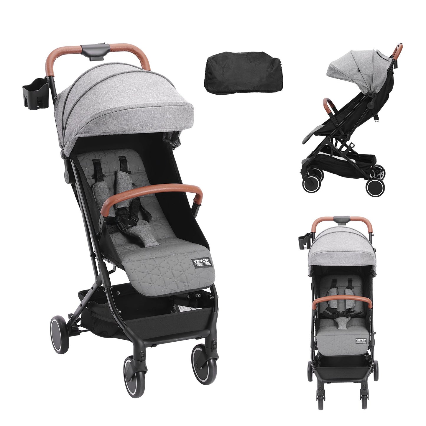 Standard Spädbarnsvagn, Småbarnsvagn med 95°-175° Justerbart ryggstöd & & 0/90° Justerbart Fotstöd & One-Click Folding, Newborn Barnvagn med Mugghållare och Bärväska, Mörkgrå