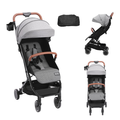 Standard Spädbarnsvagn, Småbarnsvagn med 95°-175° Justerbart ryggstöd & & 0/90° Justerbart Fotstöd & One-Click Folding, Newborn Barnvagn med Mugghållare och Bärväska, Mörkgrå