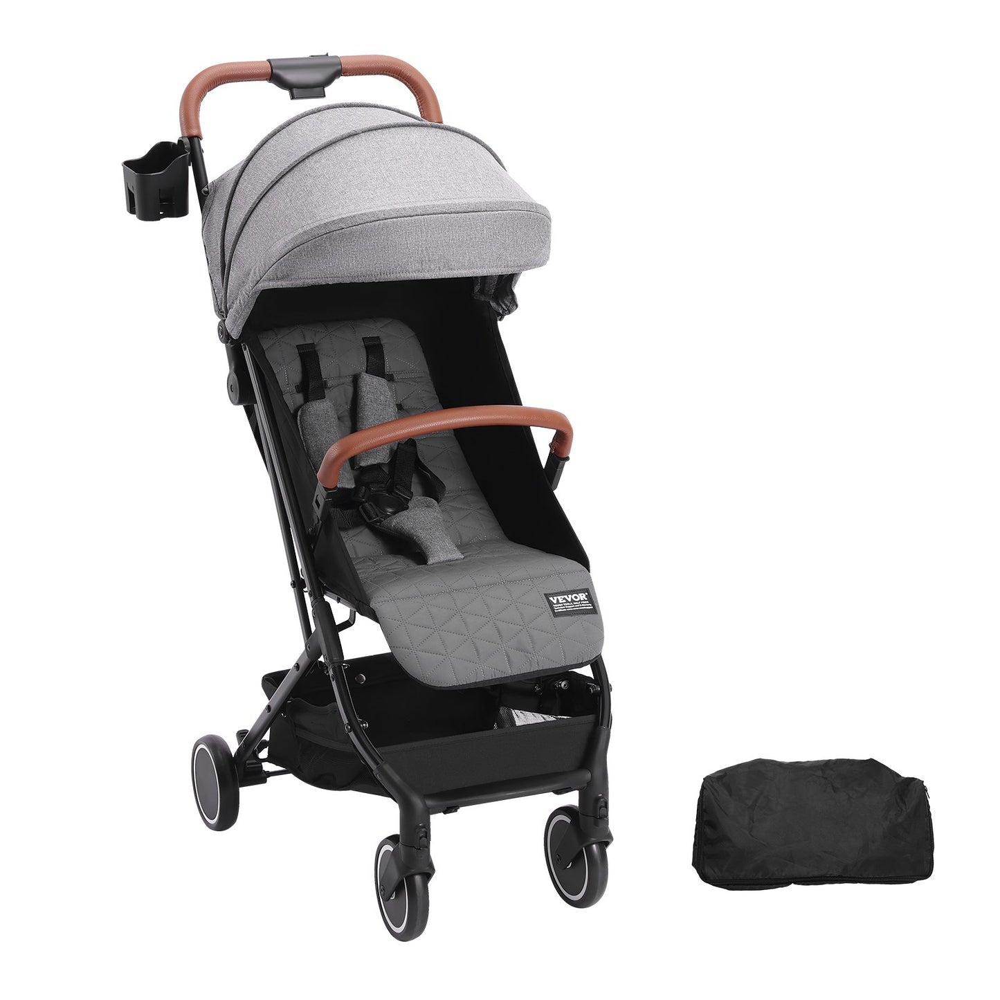 Standard Spädbarnsvagn, Småbarnsvagn med 95°-175° Justerbart ryggstöd & & 0/90° Justerbart Fotstöd & One-Click Folding, Newborn Barnvagn med Mugghållare och Bärväska, Mörkgrå