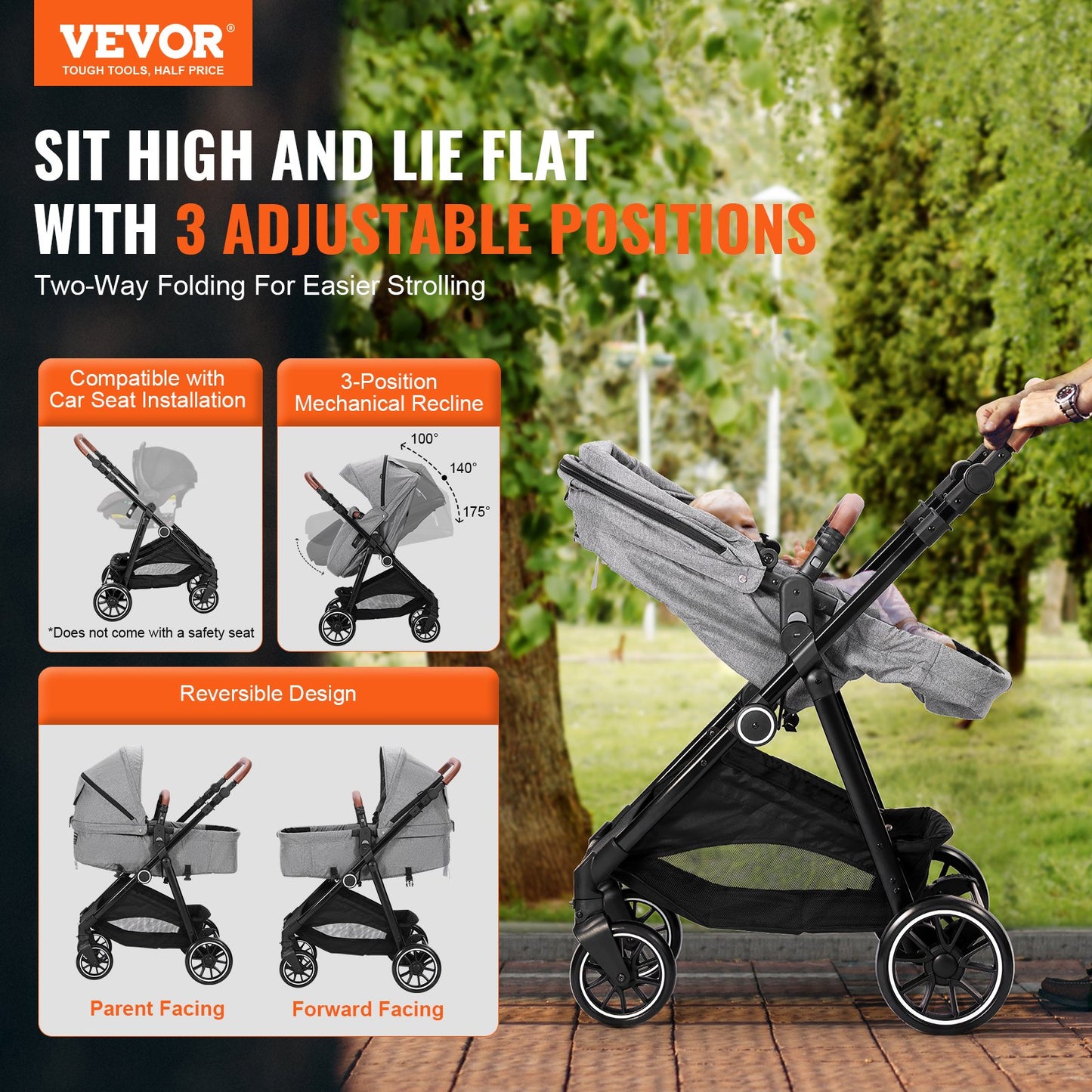 Standard Barnvagn, Barnvagn för småbarn med Bassinet, 3:e växelns justerbara ryggstöd & hopfällbar och vändbar sits, Carbon Steel Newborn Barnvagn med Benskydd och Mesh-nät, Mörkgrå