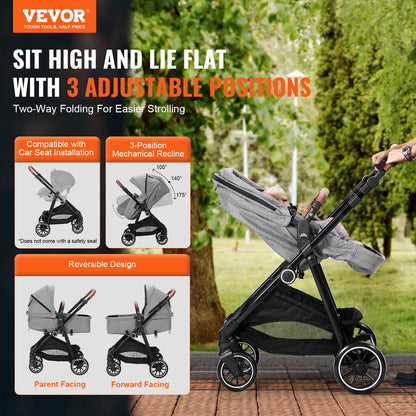Standard Barnvagn, Barnvagn för småbarn med Bassinet, 3:e växelns justerbara ryggstöd & hopfällbar och vändbar sits, Carbon Steel Newborn Barnvagn med Benskydd och Mesh-nät, Mörkgrå