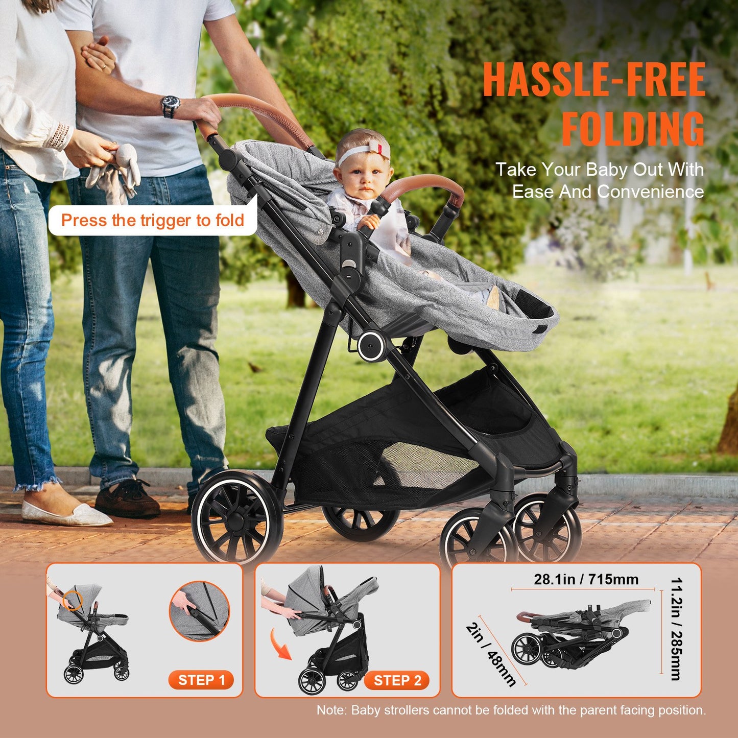 Standard Barnvagn, Barnvagn för småbarn med Bassinet, 3:e växelns justerbara ryggstöd & hopfällbar och vändbar sits, Carbon Steel Newborn Barnvagn med Benskydd och Mesh-nät, Mörkgrå