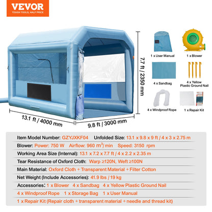 Uppblåsbar lackbox, 13,1 x 9,8 x 9 fot uppblåsbar sprutbox, med 750 W kraftfullt blås- och luftfiltersystem, bärbar billackbox för motorcykel, cykel, bilmålning