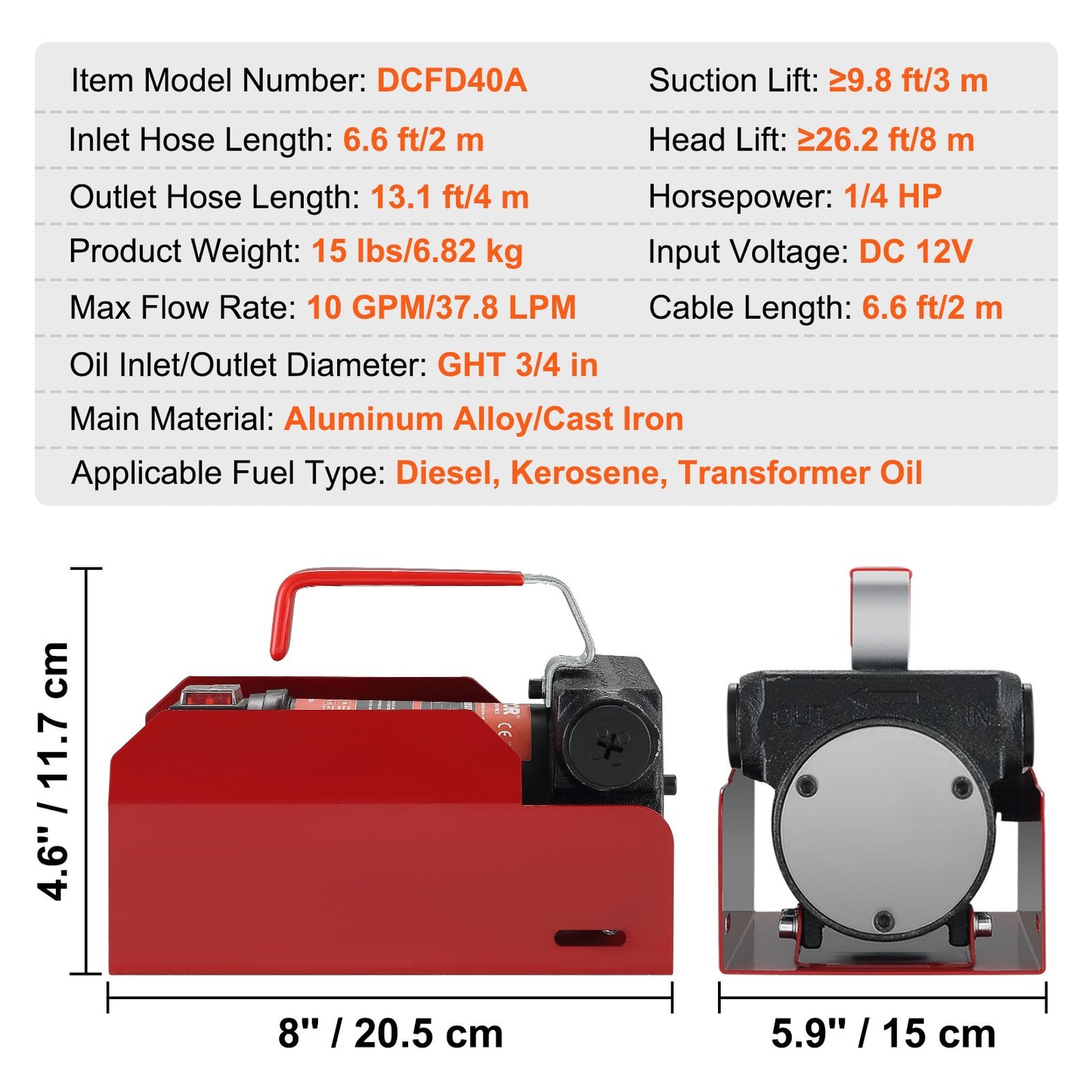 Kraftstoff-Transferpumpe, 12 V DC, 10 GPM, 26,2 ft Hub, tragbares elektrisches Diesel-Transferpumpen-Kit mit automatischer Abschaltdüse, Förder- und Saugschlauch für Diesel, Kerosin, Transformatoröl