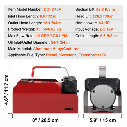 Kraftstoff-Transferpumpe, 12 V DC, 10 GPM, 26,2 ft Hub, tragbares elektrisches Diesel-Transferpumpen-Kit mit automatischer Abschaltdüse, Förder- und Saugschlauch für Diesel, Kerosin, Transformatoröl