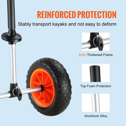 Heavy Duty Kayak Trailer, 280lbs Load Capacity, Detachable Canoe Trailer Cart with 10'' Solid Tires, Adjustable Width &amp; Top Foam Guard, for Kayaks with Drain Holes of 2.54mm and Above