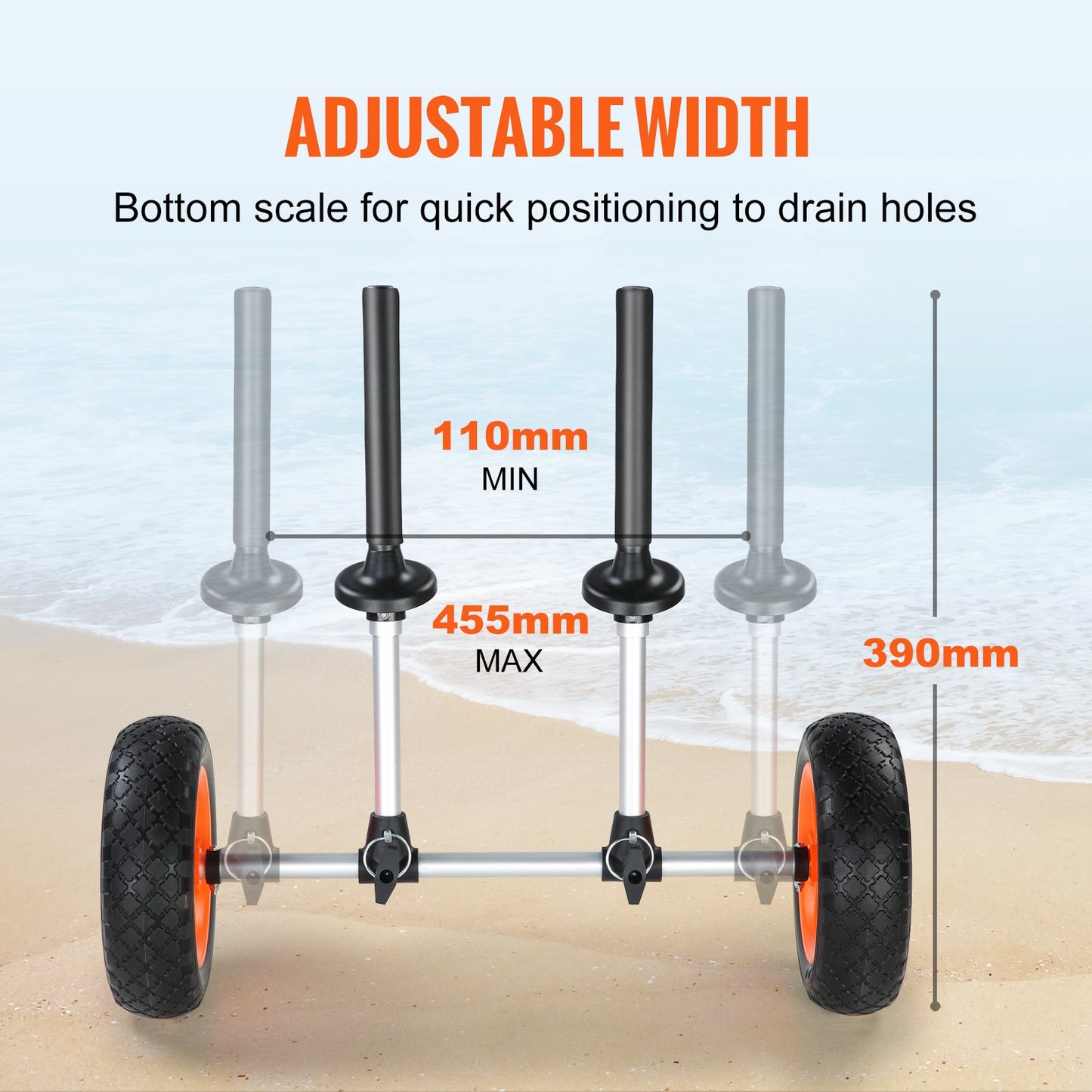 Heavy Duty Kayak Trailer, 280lbs Load Capacity, Detachable Canoe Trailer Cart with 10'' Solid Tires, Adjustable Width &amp; Top Foam Guard, for Kayaks with Drain Holes of 2.54mm and Above
