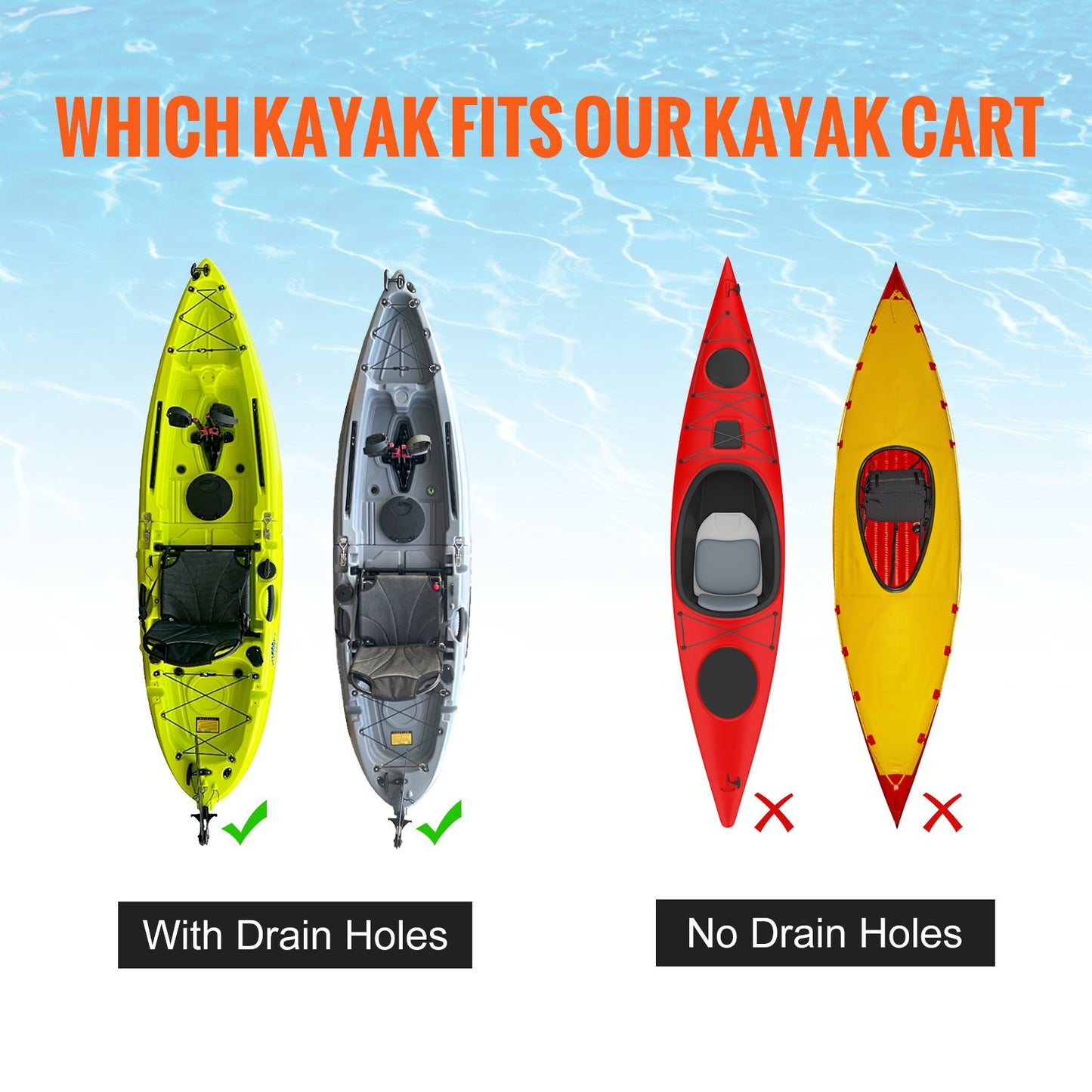 Heavy Duty Kayak Trailer, 280lbs Load Capacity, Detachable Canoe Trailer Cart with 10'' Solid Tires, Adjustable Width &amp; Top Foam Guard, for Kayaks with Drain Holes of 2.54mm and Above