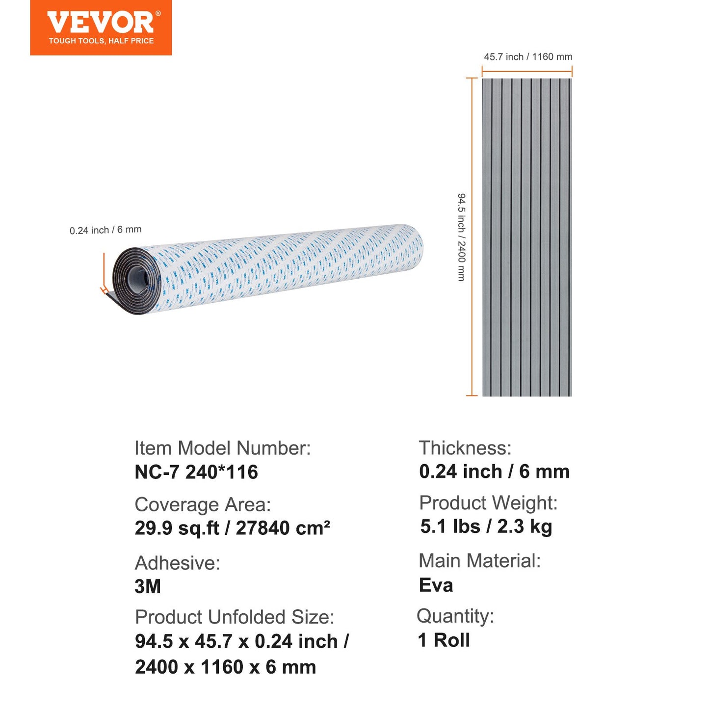 Boat Flooring, EVA Foam Boat Decking 94,5" x 45,7", halkfritt självhäftande golv, 29,9 kvm marinmatta för båtar, yacht, ponton, kajaktäck