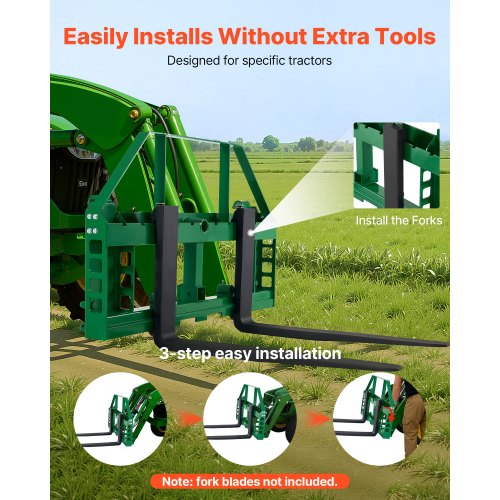 Kompaktlastarram, 1814 kg nominell lastkapacitet, 115 cm pallgaffelramfästen med 50,8 mm dragkrokfäste och spjuthylsor, passar för John Deere-lastare, snabbfäste, endast ram |  EU