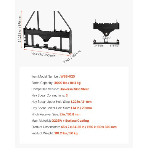 Komplett pallgaffelram, 1814 kg nominell kapacitet, 115 cm pallgaffelramfästen med 50,8 mm dragkrokfäste och spjuthylsor, passar för snabbkopplingstraktorlastare, endast ram |  EU