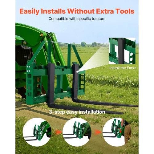 Kompaktlastade pallgafflar, 1814 kg nominell lastkapacitet, pallgaffelramfäste med 122 cm pallgafflar, 50,8 mm dragkrokfäste och spjuthylsor, passar för JD-traktorer |  EU