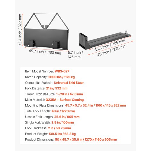 pallgaffelramfäste med 48-tums kompaktlastargafflar 2600 lbs |  EU