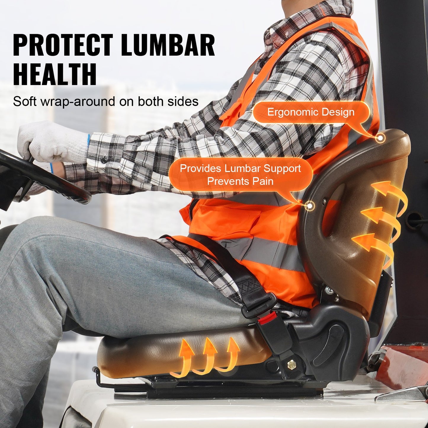 Universal forklift seat, tractor seat with adjustable back angle, micro switch and seat belt, wrap-around forklift seat for tractor loader excavator