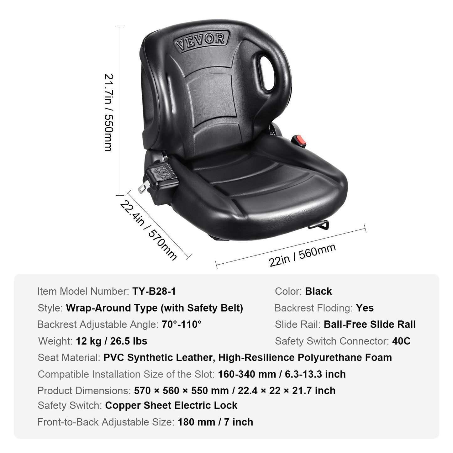 Universal forklift seat, tractor seat with adjustable back angle, micro switch and seat belt, wrap-around forklift seat for tractor loader excavator