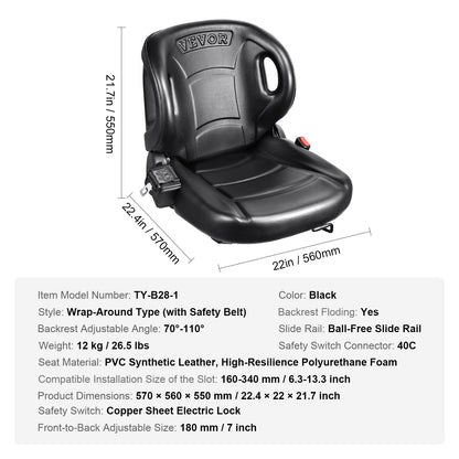 Universal forklift seat, tractor seat with adjustable back angle, micro switch and seat belt, wrap-around forklift seat for tractor loader excavator