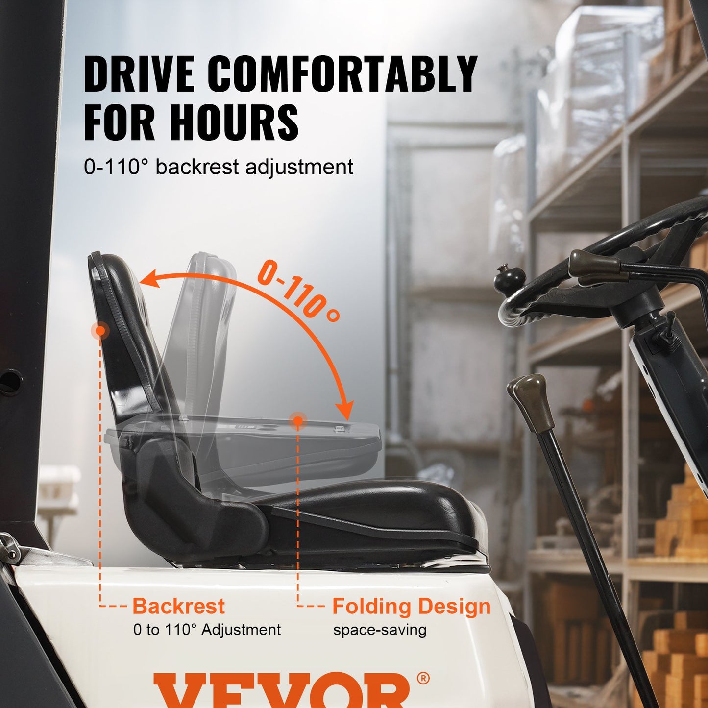Universal Forklift Seat, Fold Down Tractor Seat with Adjustable Back Angle and Micro Switch, 6.3-13.4 Inch Extended Track Comfortable Forklift Seat for Tractor Loader Excavator