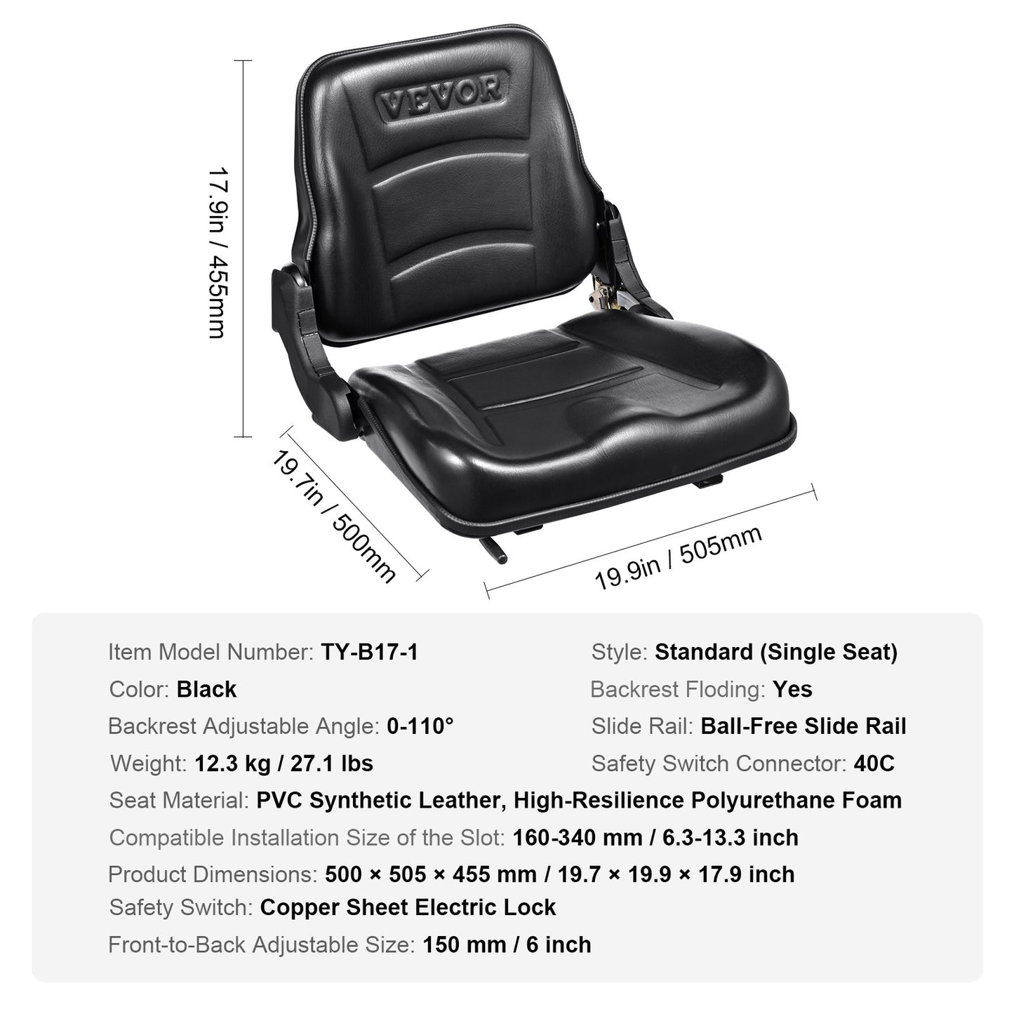 Universal Forklift Seat, Fold Down Tractor Seat with Adjustable Back Angle and Micro Switch, 6.3-13.4 Inch Extended Track Comfortable Forklift Seat for Tractor Loader Excavator